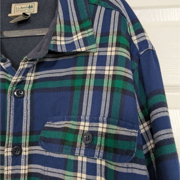LL Bean Plaid Flannel Shacket Mens Size Large Blue Cotton Fleece Lined Shirt - Picture 4 of 10
